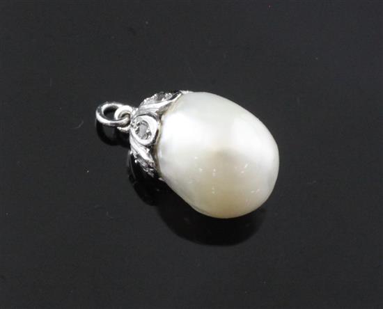 A white gold and rose cut diamond mounted natural saltwater baroque pearl pendant,